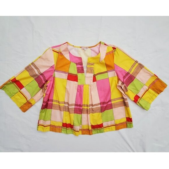 Frances Valentine Relaxed Fit Cotton Poplin Yellow Color-Block Plaid Top Size XL - Picture 2 of 8